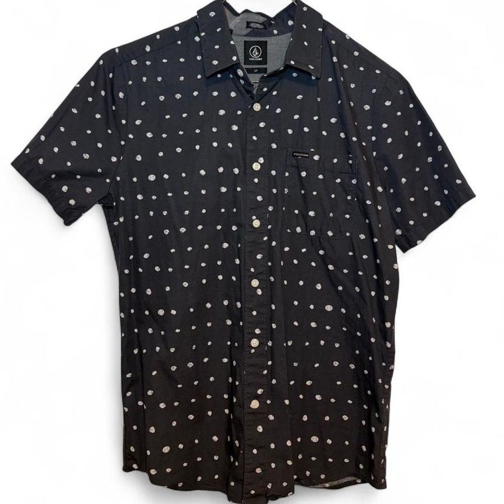 Volcom Men’s Charcoal Gray Short-Sleeve Button-Up Shirt with White Dot Print